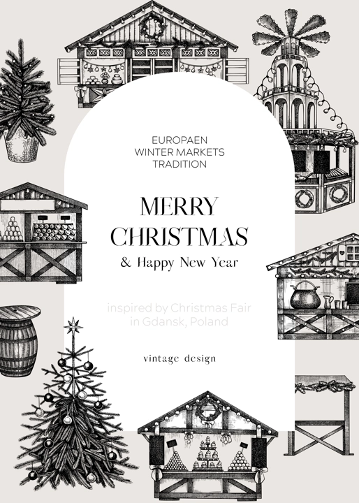 Christmas market frame design. Traditional European Christmas market with souvenir stalls, Christmas tree, candy shops sketches. Winter holidays invitation or greeting card template.